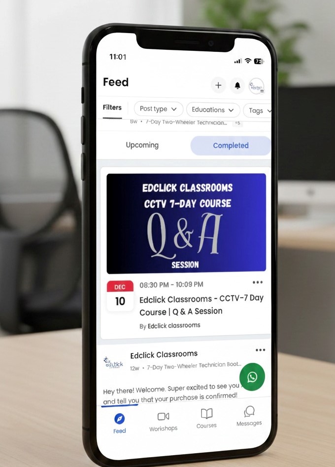 Edclick Classrooms mobile learning app showing CCTV course feed